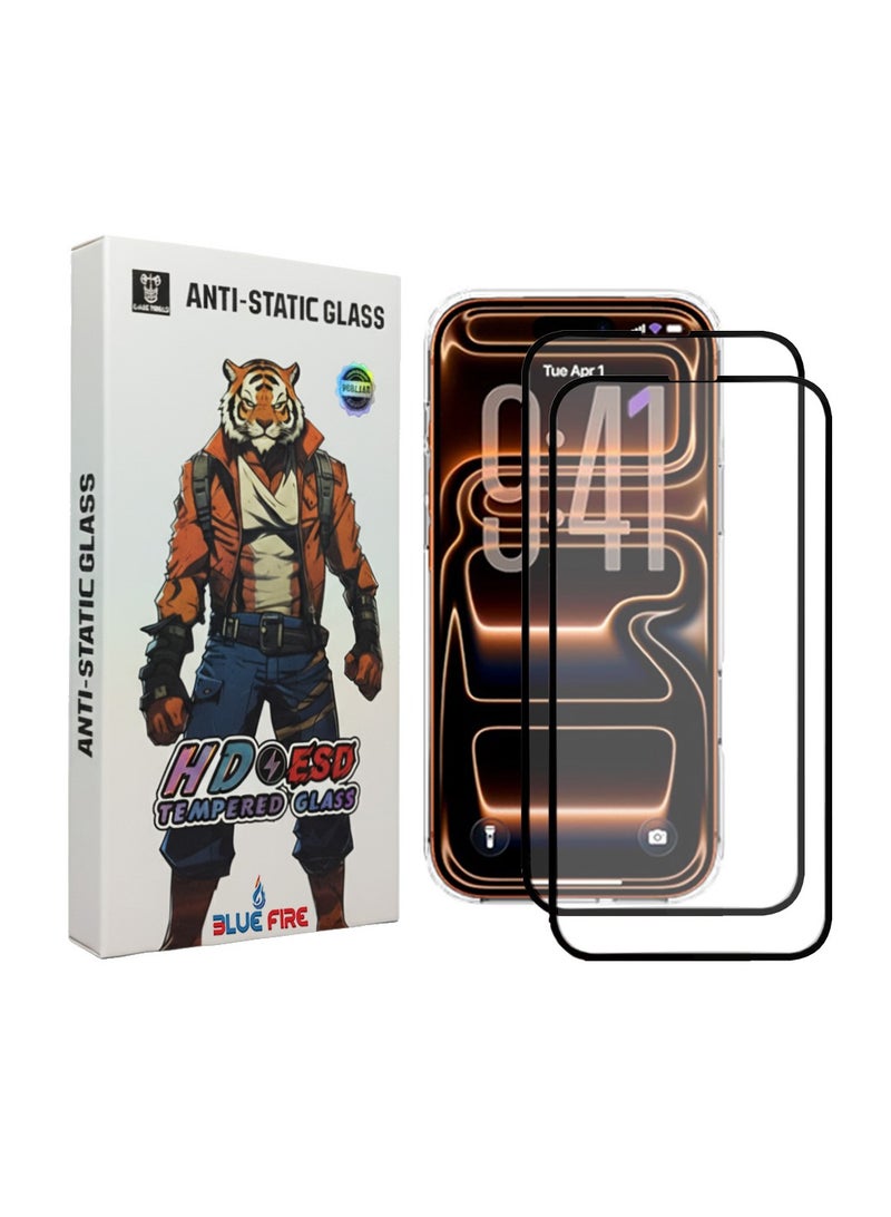 بلو فاير® واقي شاشة زجاجي مقوى مقاوم للغبار لهاتف iPhone 17 – عبوة مزدوجة 2 قطع، حماية فائقة بصلابة 9H ضد الخدوش والصدمات، وضوح فائق الدقة HD، تقنية مضادة للكهرباء الساكنة والغبار، طبقة مقاومة لبصمات الأصابع والزيوت، تركيب سهل بدون فقاعات، تصميم متوافق مع الغطاء الواقي - Image 1