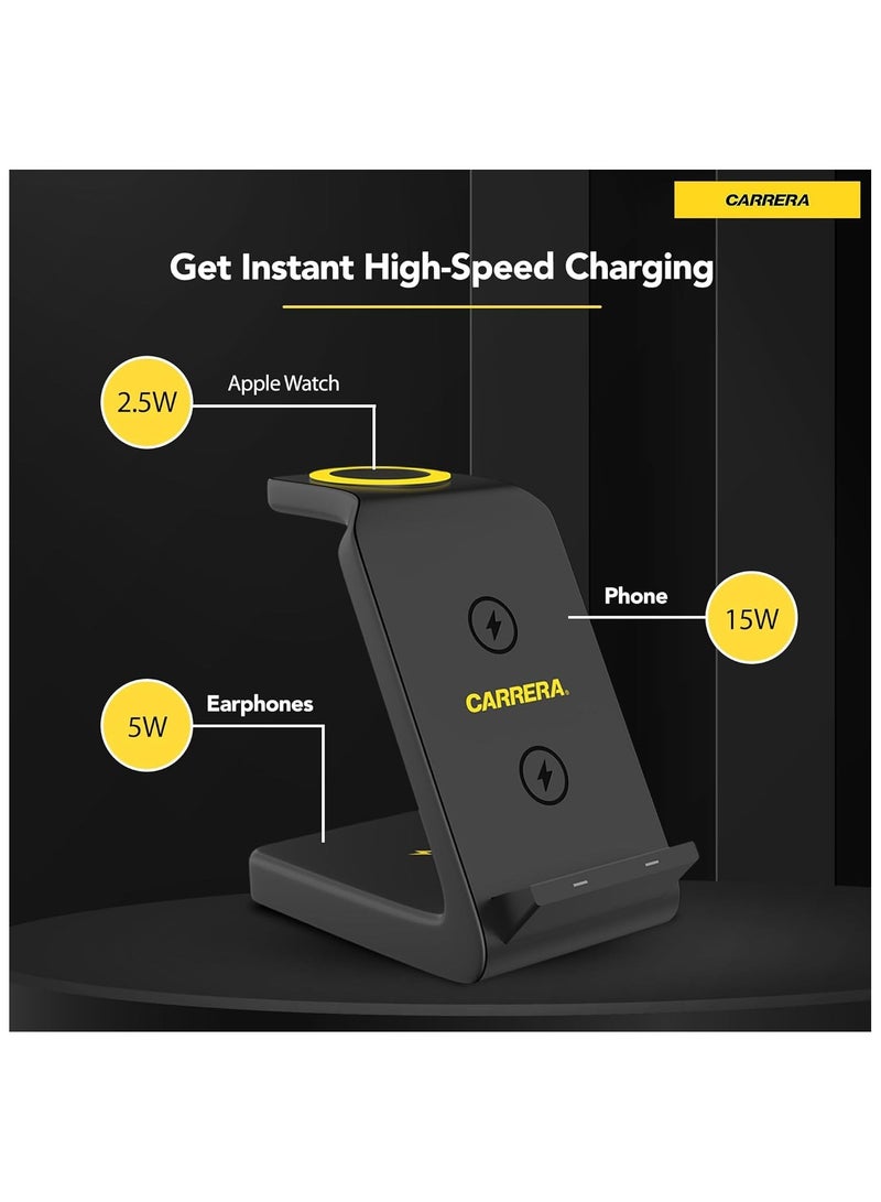 CARRERA 3 in 1 Wireless Charger Stand CWC-234, 15W Fast Charging for Phone, 5W for Earbud, 2.5W for Watch, Type C Cable Included, Multi-Device Compatible - Image 2