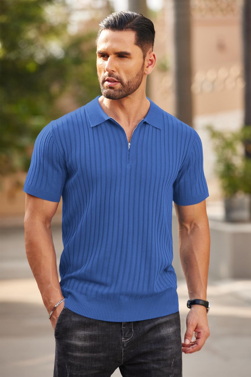 COOFANDY قمصان بولو قصيرة الأكمام للرجال من COOFANDY بزيبرو، تي شيرت بولو، أزياء كاجوال، قمصان جولف زرقاء - Image 2