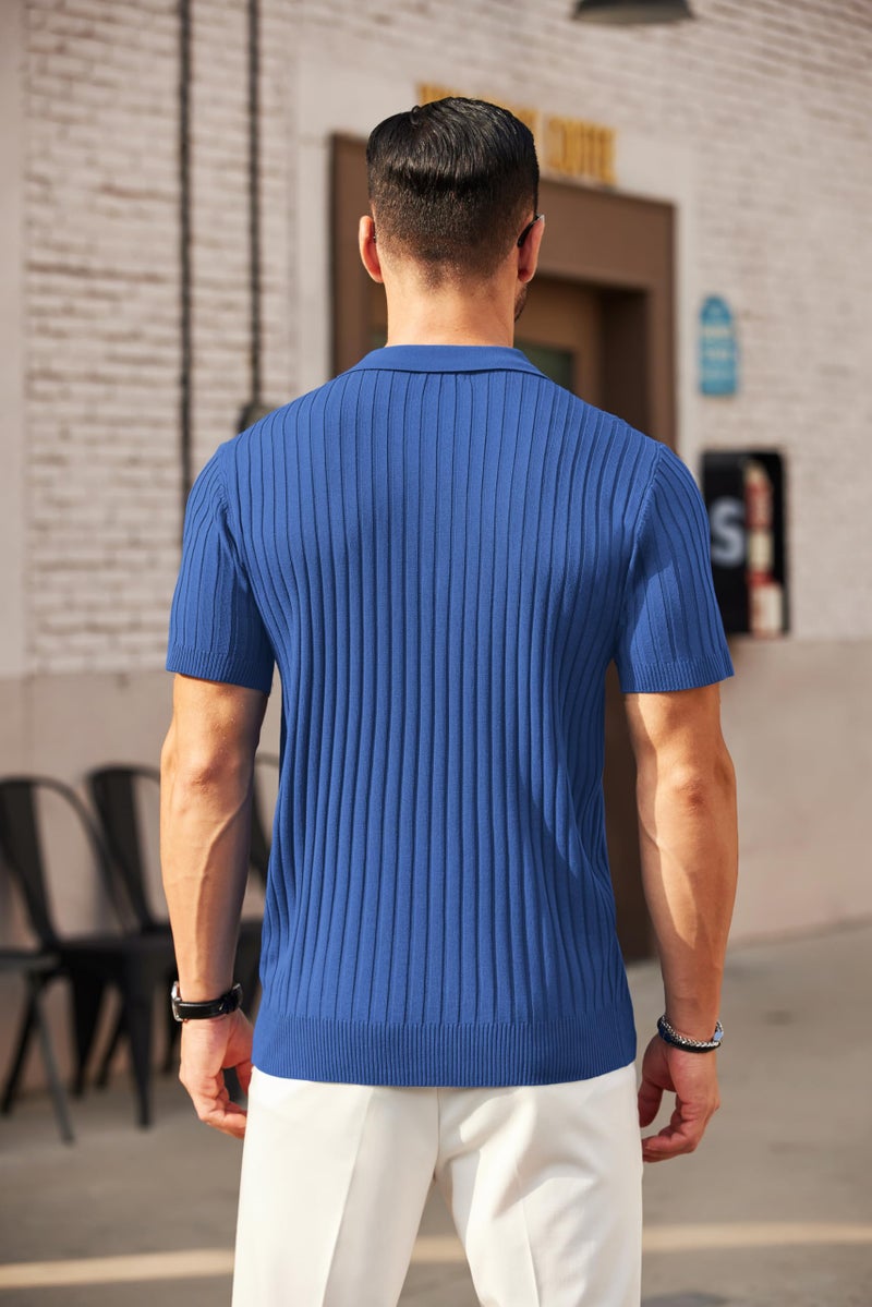 COOFANDY قمصان بولو قصيرة الأكمام للرجال من COOFANDY بزيبرو، تي شيرت بولو، أزياء كاجوال، قمصان جولف زرقاء - Image 4