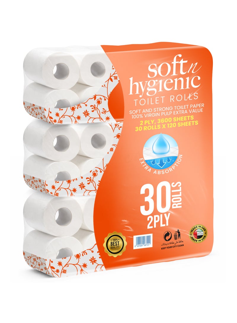 SNH Packing Soft N Hygienic Toilet Paper Tissue Roll Pack of 30 Embossed 120 Sheets x 2 Ply - Image 1