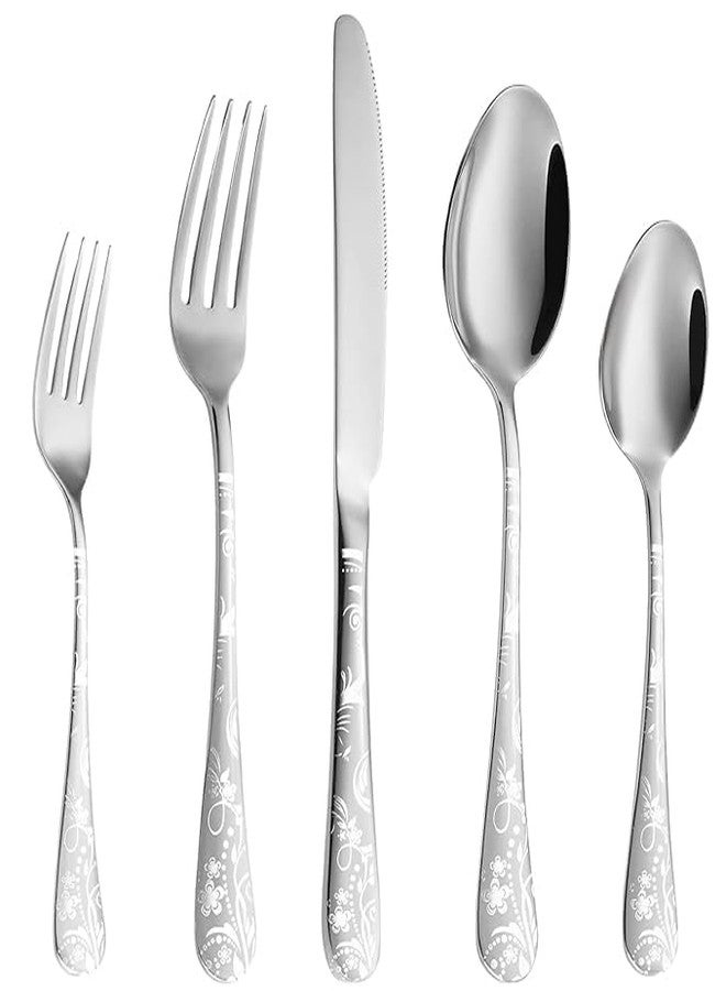 Dhyankeshwer Floral Print Stainless Steel Cutlery Set, 5-Piece Flatware Set with Decorative Handle, 2 Forks, 2 Spoons, 1 Knives (Silver, Set of 1(5Pcs)) - Image 1