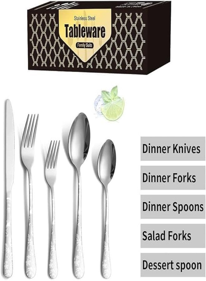 Dhyankeshwer Floral Print Stainless Steel Cutlery Set, 5-Piece Flatware Set with Decorative Handle, 2 Forks, 2 Spoons, 1 Knives (Silver, Set of 1(5Pcs)) - Image 3