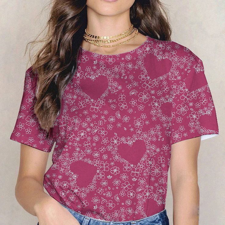 2024 Style Women'S T-Shirt Round Neck Digital Printed Letter Design Heart Short-Sleeved Women'S T-Shirt - Image 1