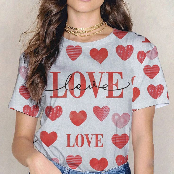 2024 Style Women'S T-Shirt Round Neck Digital Printed Letter Design Heart Short-Sleeved Women'S T-Shirt - Image 2