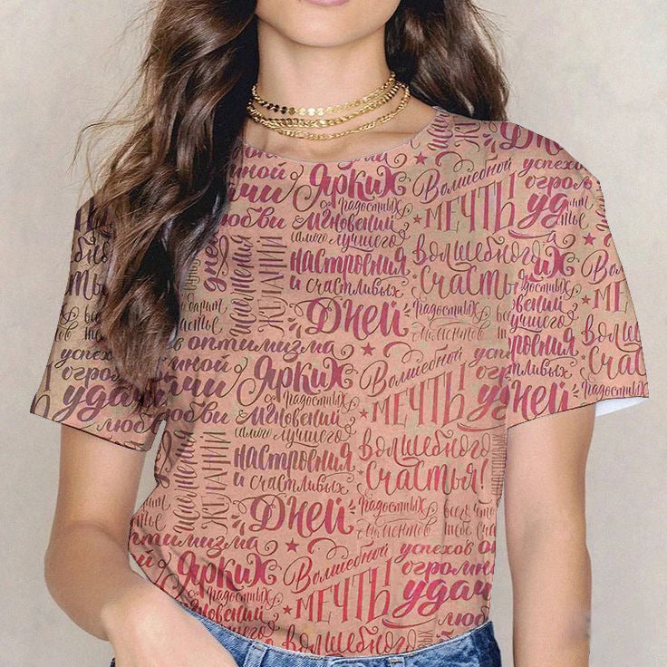2024 Style Women'S T-Shirt Round Neck Digital Printed Letter Design Heart Short-Sleeved Women'S T-Shirt - Image 3