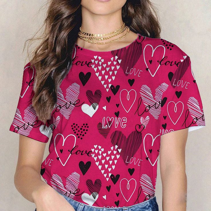 2024 Style Women'S T-Shirt Round Neck Digital Printed Letter Design Heart Short-Sleeved Women'S T-Shirt - Image 4
