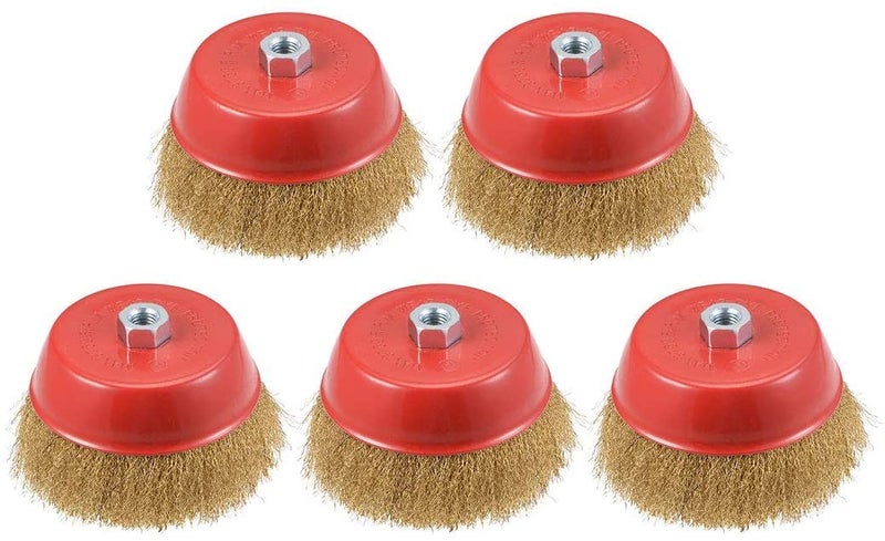 6 Inch Brass Plated Steel Wire Cup Brush With M14 Threaded Hole 5 Pieces - Image 1