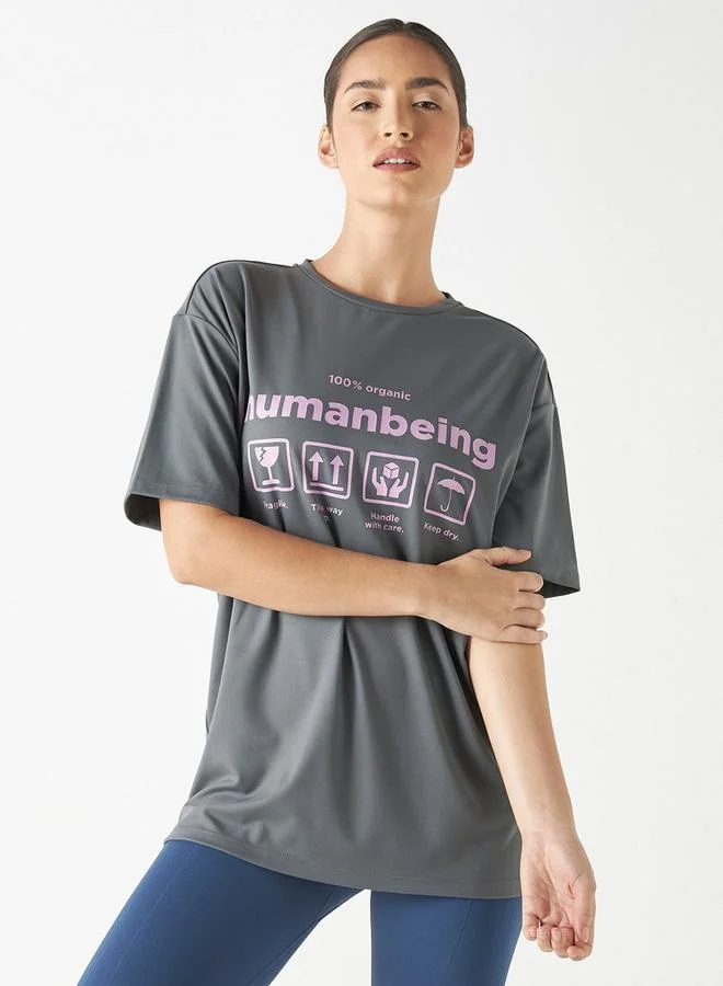 ADOT by Splash Typographic Print Crew Neck T-shirt with Short Sleeves