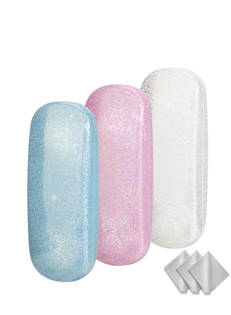 KASTWAVE 3 Pieces Hard Shell  Pu Leather Eyeglasses Case, Portable Protective Sunglasses Case, Glitter Glasses Case with Microfiber Cleaning Cloth for Men Women Girl Travel Study Work, Laser Myopia Mirror Box - Image 1