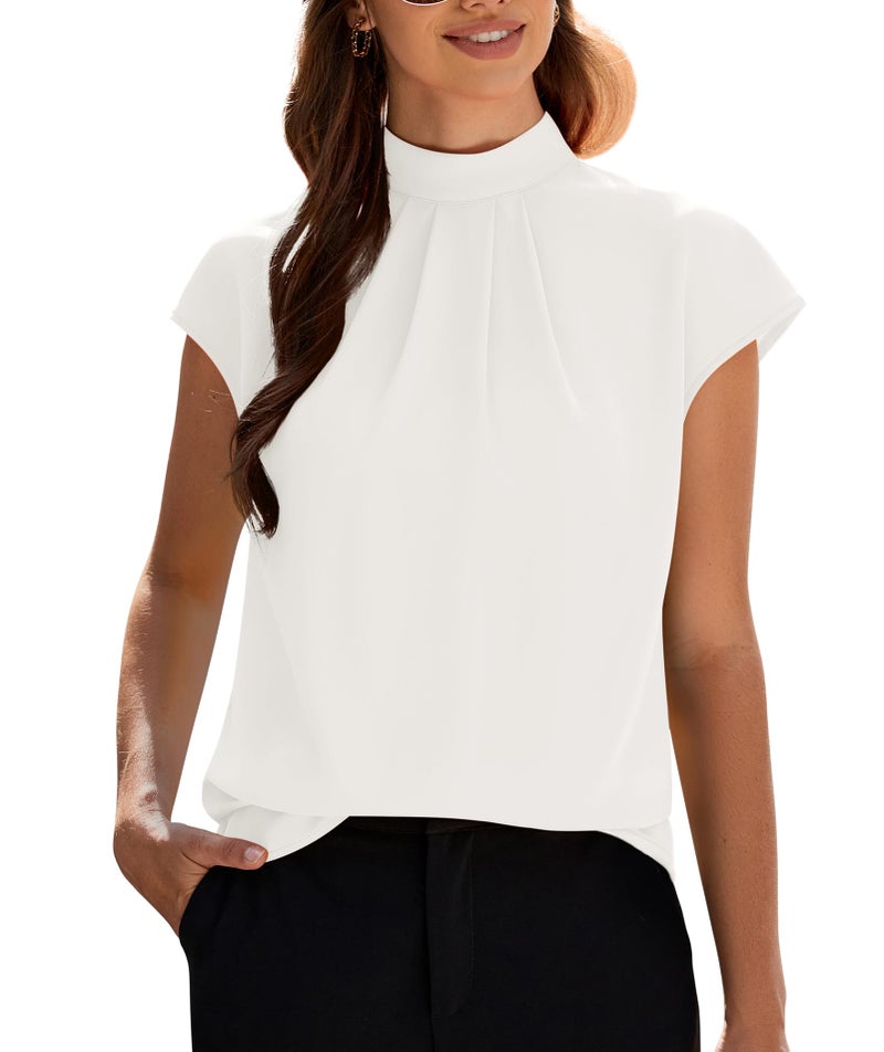 Funlingo Shirts for Women 2025 Summer Short Sleeve White Tops Dressy Mock Neck Ladies Chiffon Blouse Business Professional Work Office Outfits L - Image 1