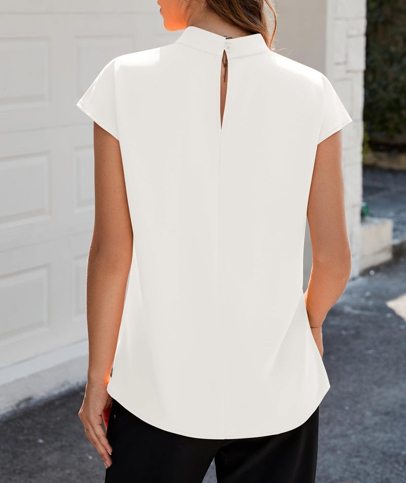 Funlingo Shirts for Women 2025 Summer Short Sleeve White Tops Dressy Mock Neck Ladies Chiffon Blouse Business Professional Work Office Outfits L - Image 2