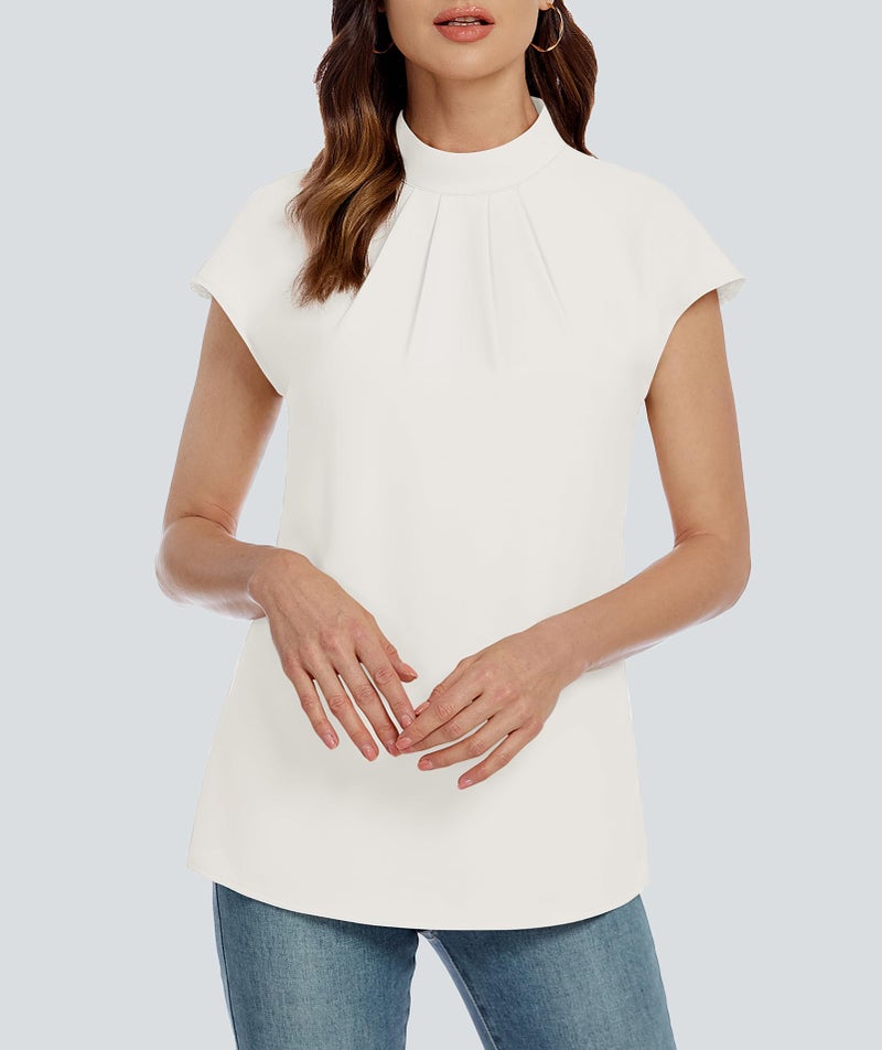 Funlingo Shirts for Women 2025 Summer Short Sleeve White Tops Dressy Mock Neck Ladies Chiffon Blouse Business Professional Work Office Outfits L - Image 5