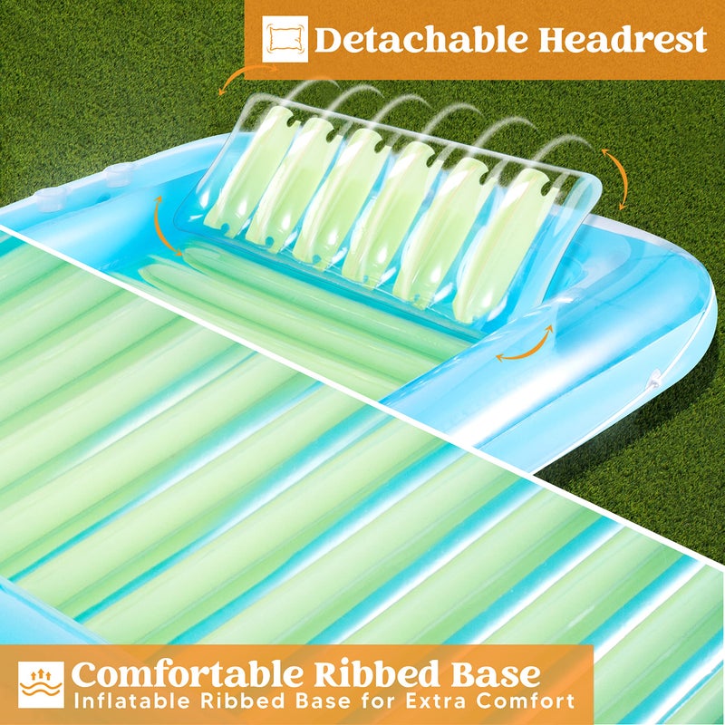 SLOOSH Inflatable Tanning Pool Lounger Float, 70" x 46" Pool Floats Adult with Pillow, 4 in 1 Suntan Tub Raft Floatie,Sunbathing Bed Lounge for Water Blow Up Kids Ball Pit Party Gifts, L-Blue Green - Image 5