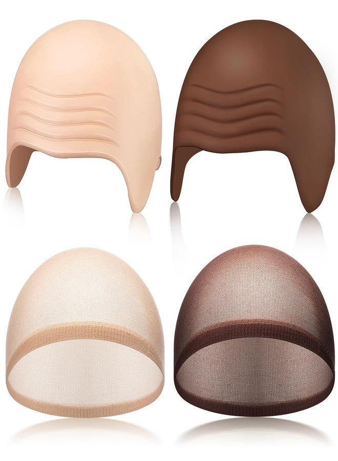 Syhood 4 Packs Halloween Bald Caps Makeup Latex Bald Head Wig Cap Hat Costume Accessories for Women Men Adults(Nude,Dark Brown,Medium) - Image 1