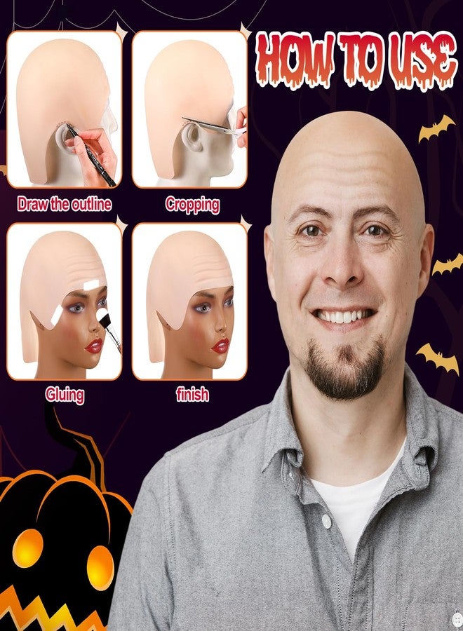 Syhood 4 Packs Halloween Bald Caps Makeup Latex Bald Head Wig Cap Hat Costume Accessories for Women Men Adults(Nude,Dark Brown,Medium) - Image 5