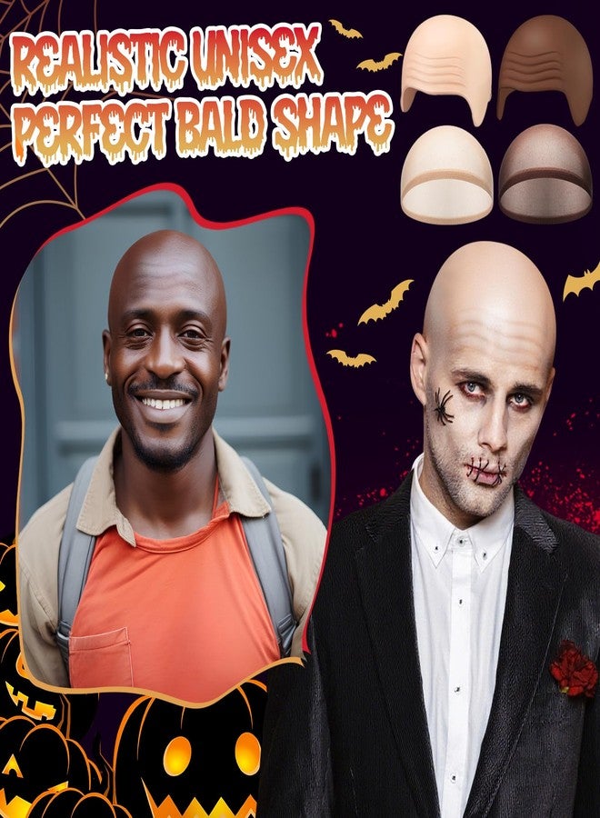 Syhood 4 Packs Halloween Bald Caps Makeup Latex Bald Head Wig Cap Hat Costume Accessories for Women Men Adults(Nude,Dark Brown,Medium) - Image 2