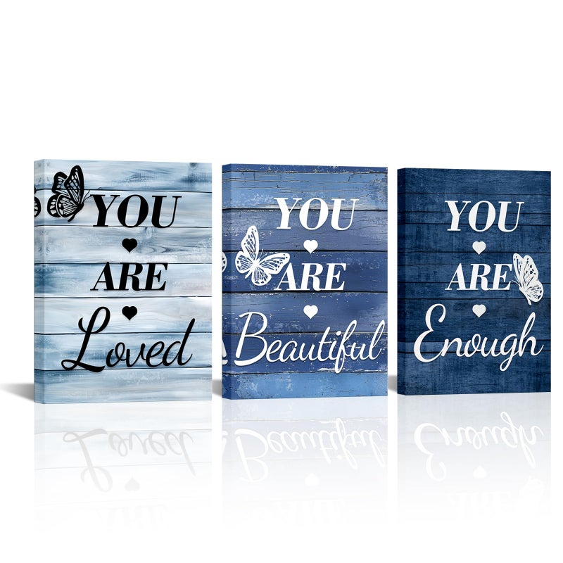 LevvArts Vintage Motivaional Wall Art Rustic You Are Loved You Are Beautiful You Are Enough Wall Decor Inspirational Pictures Canvas Prints Blue Decoration (Blue) - Image 1