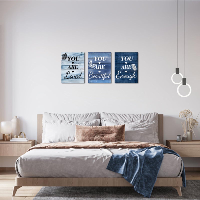LevvArts Vintage Motivaional Wall Art Rustic You Are Loved You Are Beautiful You Are Enough Wall Decor Inspirational Pictures Canvas Prints Blue Decoration (Blue) - Image 2