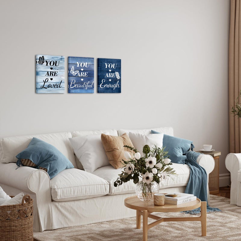 LevvArts Vintage Motivaional Wall Art Rustic You Are Loved You Are Beautiful You Are Enough Wall Decor Inspirational Pictures Canvas Prints Blue Decoration (Blue) - Image 4