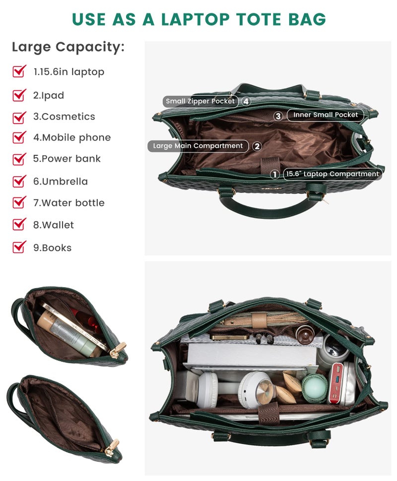 LOVEVOOK Lunch Tote Bag for Women, 15.6 Inch Laptop Bag with Insulated Lunch Compartment, Quilted Large Capacity Computer Handbag with Purse for Business, Work, Nurse, Collage, Office, Casual, Green - Image 4