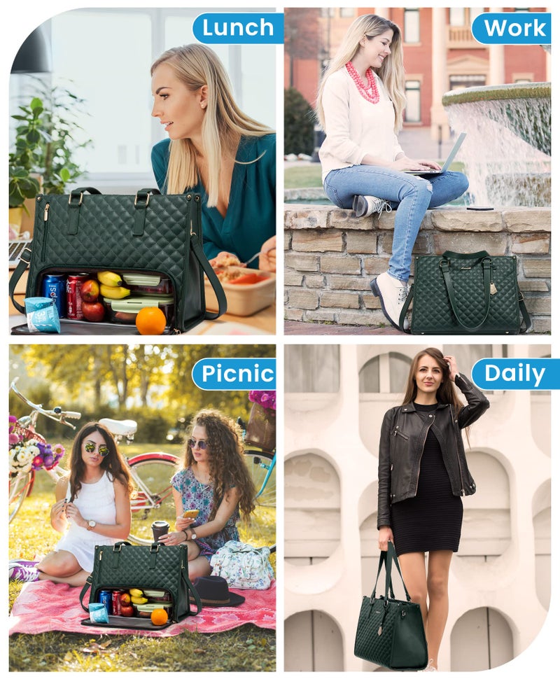 LOVEVOOK Lunch Tote Bag for Women, 15.6 Inch Laptop Bag with Insulated Lunch Compartment, Quilted Large Capacity Computer Handbag with Purse for Business, Work, Nurse, Collage, Office, Casual, Green - Image 5