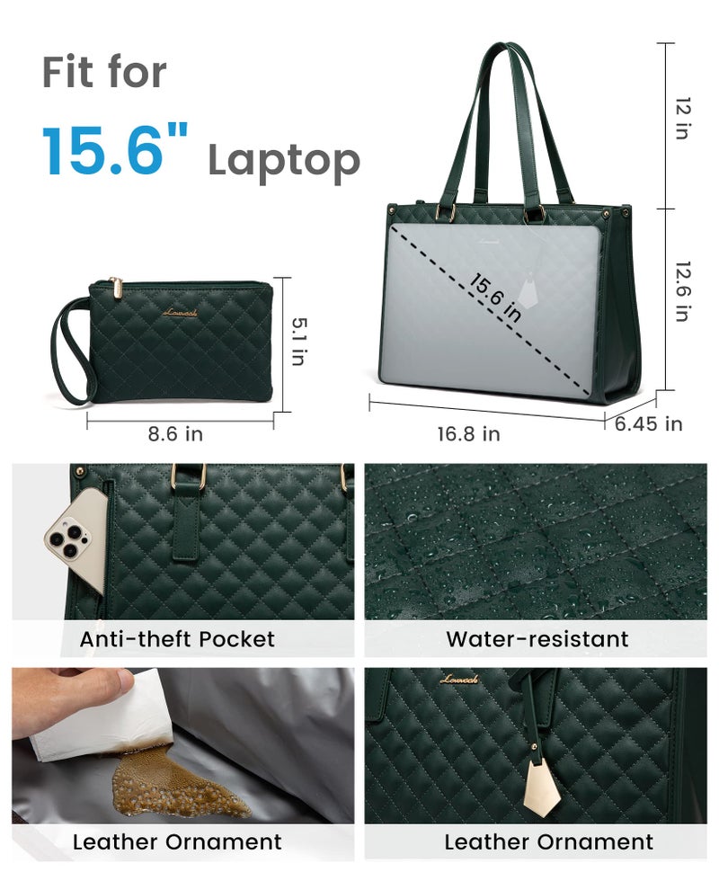LOVEVOOK Lunch Tote Bag for Women, 15.6 Inch Laptop Bag with Insulated Lunch Compartment, Quilted Large Capacity Computer Handbag with Purse for Business, Work, Nurse, Collage, Office, Casual, Green - Image 3