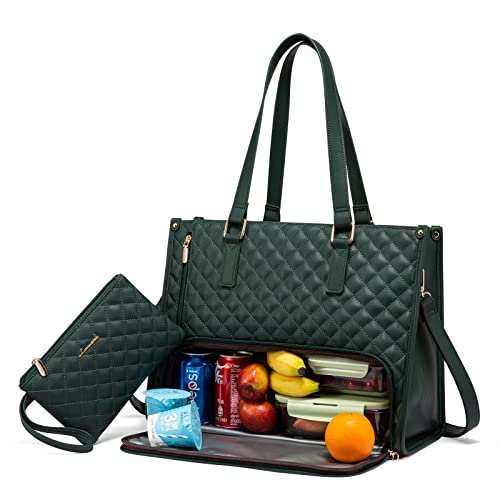 LOVEVOOK Lunch Tote Bag for Women, 15.6 Inch Laptop Bag with Insulated Lunch Compartment, Quilted Large Capacity Computer Handbag with Purse for Business, Work, Nurse, Collage, Office, Casual, Green - Image 1