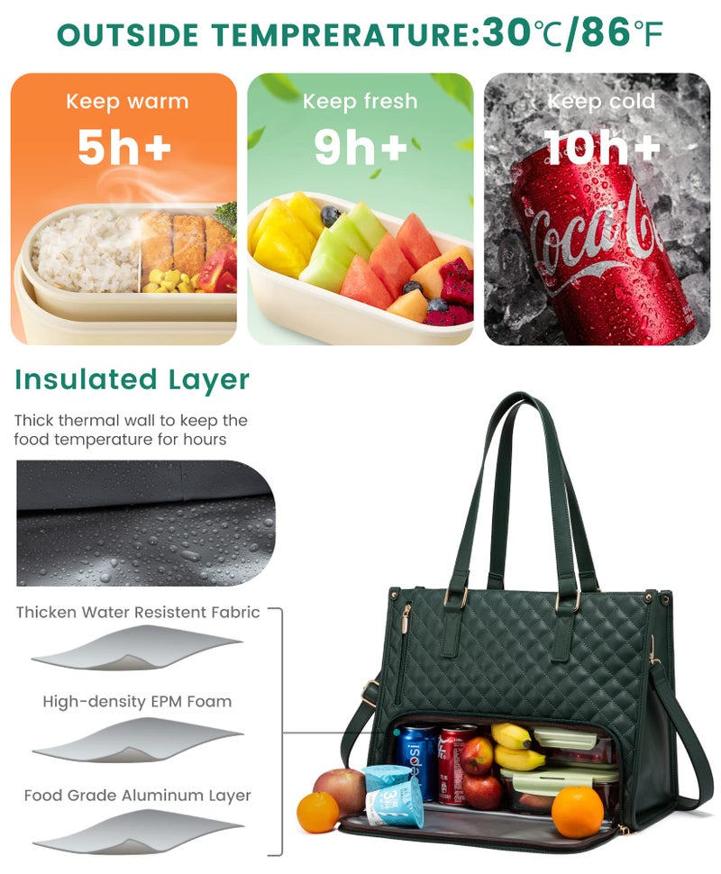 LOVEVOOK Lunch Tote Bag for Women, 15.6 Inch Laptop Bag with Insulated Lunch Compartment, Quilted Large Capacity Computer Handbag with Purse for Business, Work, Nurse, Collage, Office, Casual, Green - Image 2