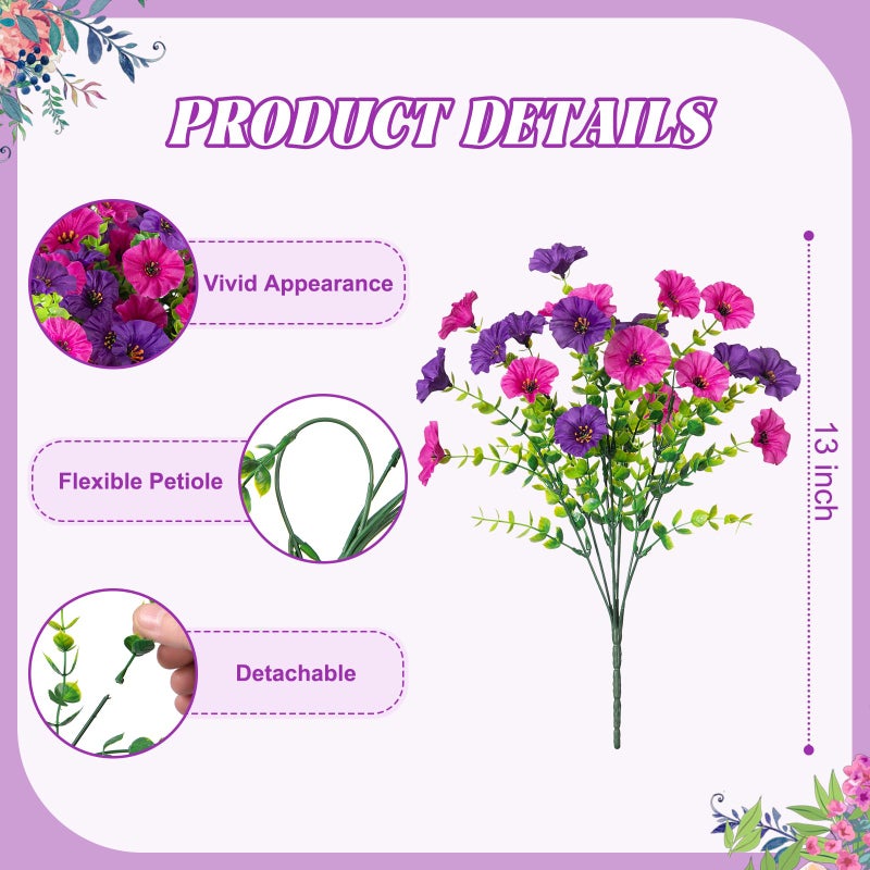 Hrobek Artificial Flowers for Outdoor Spring Summer Decoration  10 Bundles Fake Plastic Flower Plant  Faux Colorful Silk Morning Glory Eucalyptus for Outside Garden Porch Front Door Decor  Purple - Image 2
