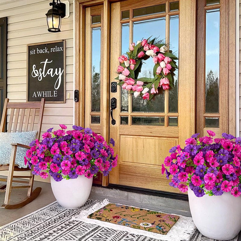 Hrobek Artificial Flowers for Outdoor Spring Summer Decoration  10 Bundles Fake Plastic Flower Plant  Faux Colorful Silk Morning Glory Eucalyptus for Outside Garden Porch Front Door Decor  Purple - Image 5