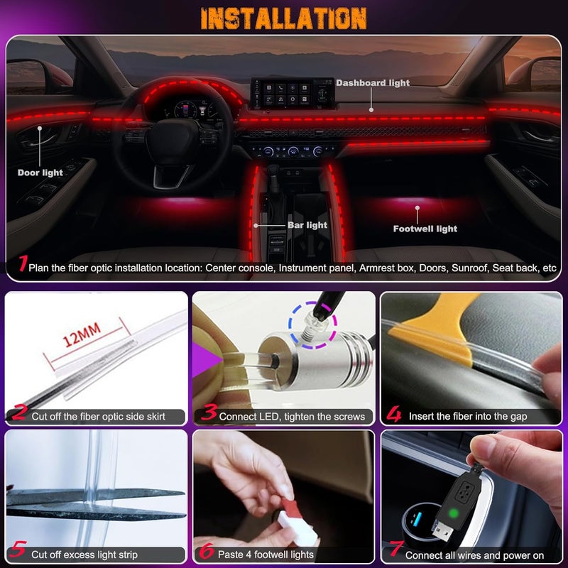 Jushope Car LED Lights, USB Interior Car Lights Strip RGB 9 in 1 Car Ambient Lighting Kit with 236" Integrated Molding Fiber Optic, Under Dash Lights Music Sync Wireless APP/RF Remote/Button Control - Image 5