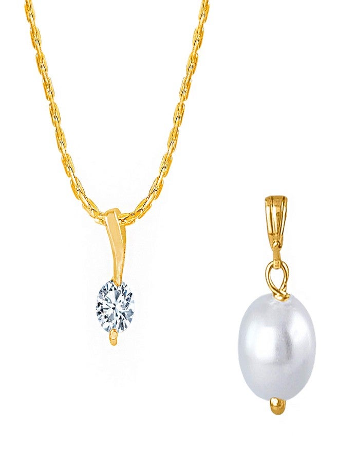 JFL - Jewellery for Less Fashion Combo of Gold Plated Cubic Zircon Round Solitaire Pendant and Japanese Pearl Pendant with Chain for Women and Girls,Valentine - Image 1