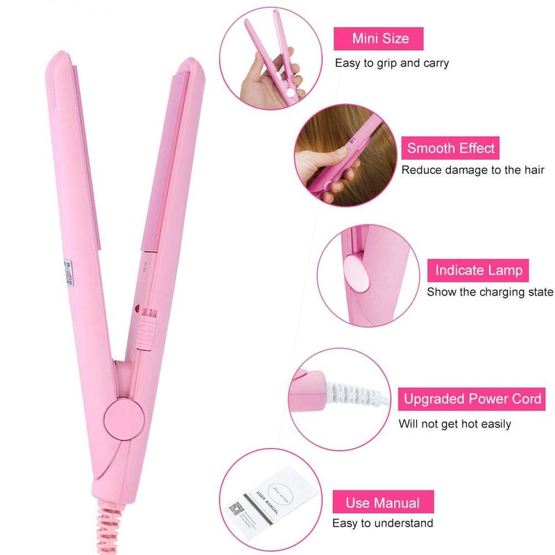 woobles 2 in 1 Mini Hair Straightener Curler Ceramic Tourmaline Plate Flat Iron for Hair Styling 190 Constant Temperature Heating Curler(US-Pink)-US Pink - Image 3