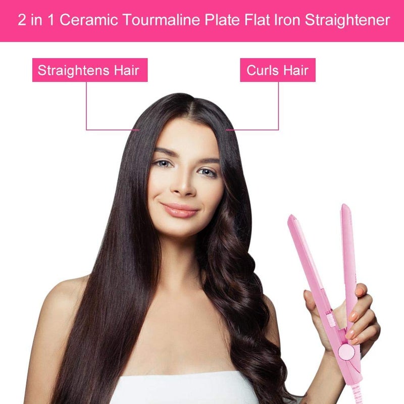 woobles 2 in 1 Mini Hair Straightener Curler Ceramic Tourmaline Plate Flat Iron for Hair Styling 190 Constant Temperature Heating Curler(US-Pink)-US Pink - Image 4