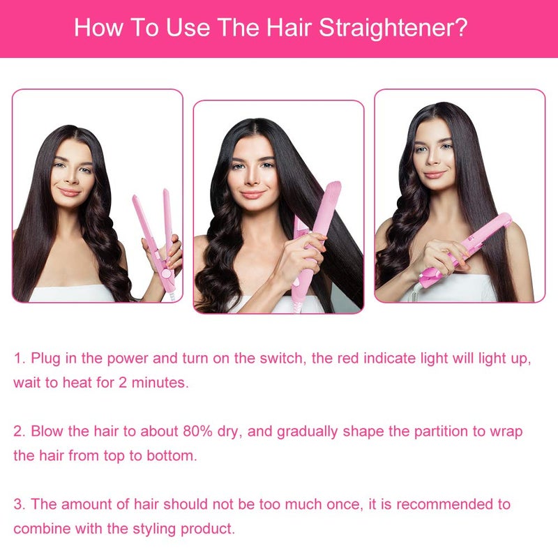 woobles 2 in 1 Mini Hair Straightener Curler Ceramic Tourmaline Plate Flat Iron for Hair Styling 190 Constant Temperature Heating Curler(US-Pink)-US Pink - Image 5