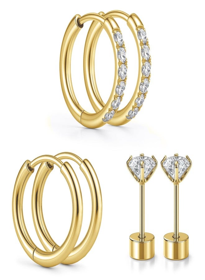 GingYing Gold Stud Hoop Earrings:Hypoallergenic Surgical Stainless Steel Small Cartilage Huggie Hoop Earrings Flat Back Earrings Screw Back and Flatback Stud Earrings for Women Multiple Piercing Ear (Gold-(6mm+6mm)hoop earrings+4mm cz stud earrings) - Image 1
