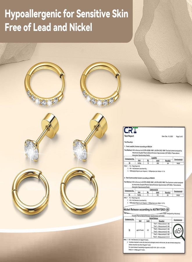 GingYing Gold Stud Hoop Earrings:Hypoallergenic Surgical Stainless Steel Small Cartilage Huggie Hoop Earrings Flat Back Earrings Screw Back and Flatback Stud Earrings for Women Multiple Piercing Ear (Gold-(6mm+6mm)hoop earrings+4mm cz stud earrings) - Image 4