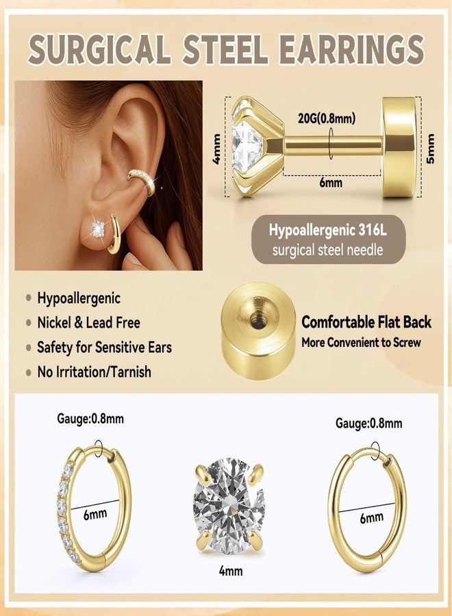 GingYing Gold Stud Hoop Earrings:Hypoallergenic Surgical Stainless Steel Small Cartilage Huggie Hoop Earrings Flat Back Earrings Screw Back and Flatback Stud Earrings for Women Multiple Piercing Ear (Gold-(6mm+6mm)hoop earrings+4mm cz stud earrings) - Image 2
