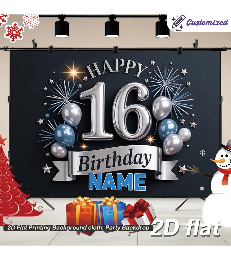2D Flat Custom Birthday Balloons And Fireworks Banner 27 56 Inch By 39 37 Inch With Name Number Text Polyester Indoor Outdoor Party Decoration For 16th Birthday Wedding Anniversary Graduation Photo Ba