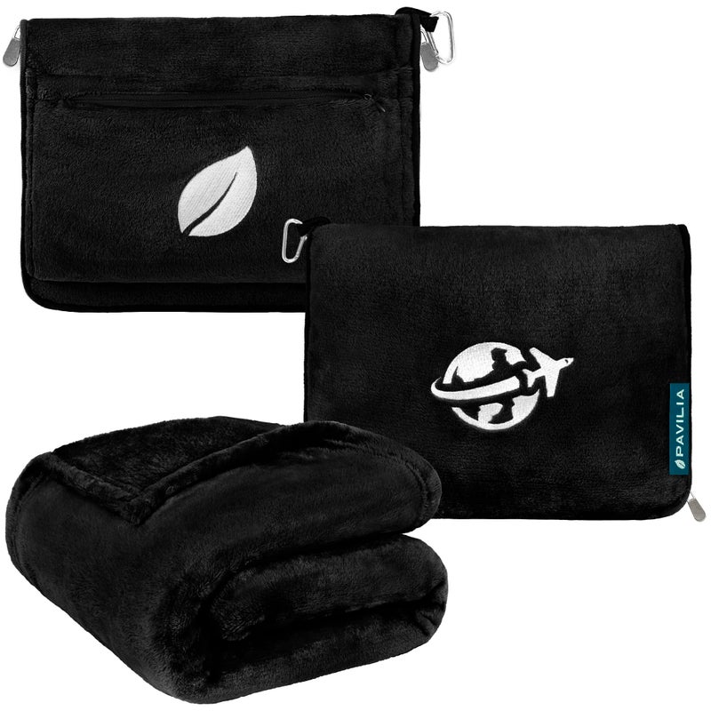 PAVILIA PAVILIA Travel Blanket and Pillow Arms Opening Airplane Blankets for Adults Compact Plane Blanket with Arm Hole 2in1 Bag for Flight Car Camping Fit in Luggage Backpack Traveler Gift Black 