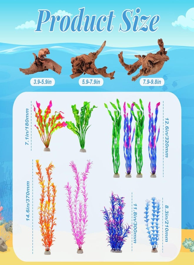 Jexine 18 Pcs Fish Tank Decorations Aquarium Decor Reptile Tank Accessories Set Include 10 Artificial Plastic Plants 3 Natural Driftwood 3 Rock Cave Decoration 2 Aquarium Skull - Image 3