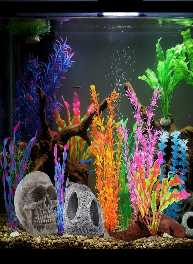 Jexine 18 Pcs Fish Tank Decorations Aquarium Decor Reptile Tank Accessories Set Include 10 Artificial Plastic Plants 3 Natural Driftwood 3 Rock Cave Decoration 2 Aquarium Skull - Image 5