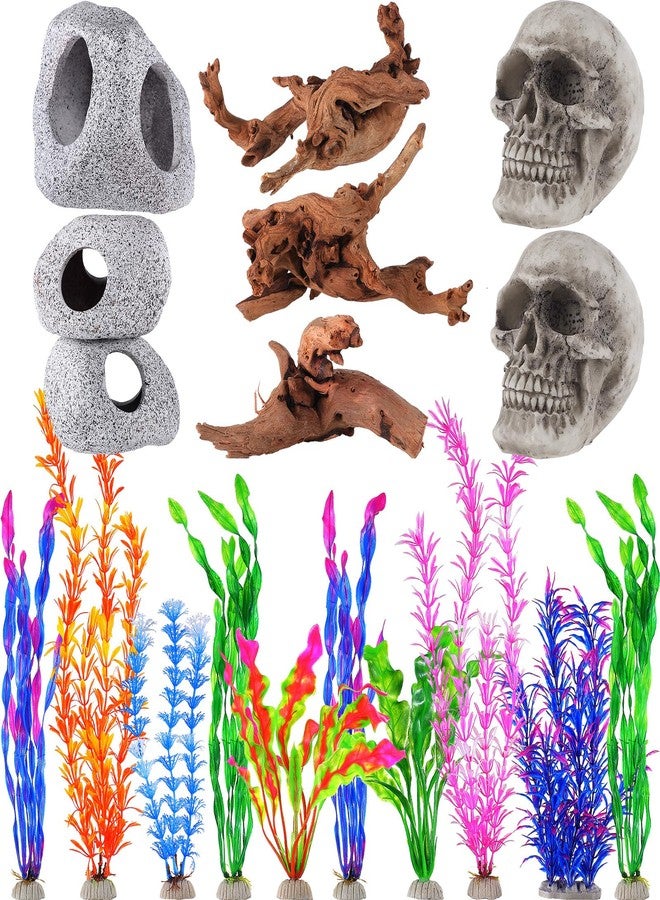 Jexine 18 Pcs Fish Tank Decorations Aquarium Decor Reptile Tank Accessories Set Include 10 Artificial Plastic Plants 3 Natural Driftwood 3 Rock Cave Decoration 2 Aquarium Skull - Image 1
