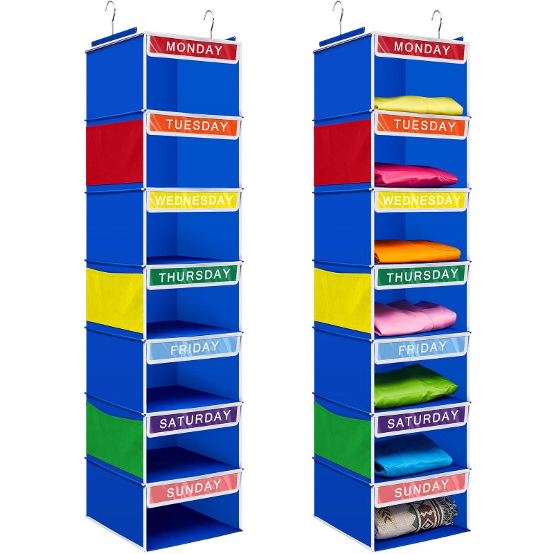 Amylove Amylove 2 Pcs 7 Shelf Weekly Clothes Organizer for Kids Hanging Closet Organizer 11 8 x 11 8 x 50 Inches Daily Activity Kids Clothes Storage Drawers Cube Drawers Closet Hanging ShelvesBlue