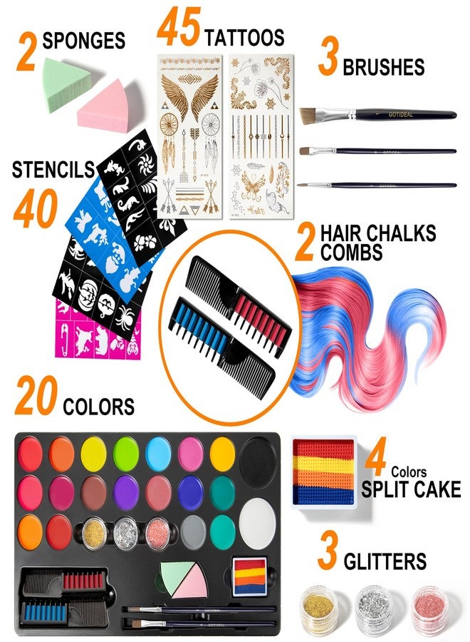 GOTIDEAL Face Painting Kit for Kids-20 Colors Water Activated Skin Face Paint Palette with Brushes,Stencils,Stickers,Glitter|Professional Facepaint Makeup kit for Halloween,Cosplay,Parties - Image 2