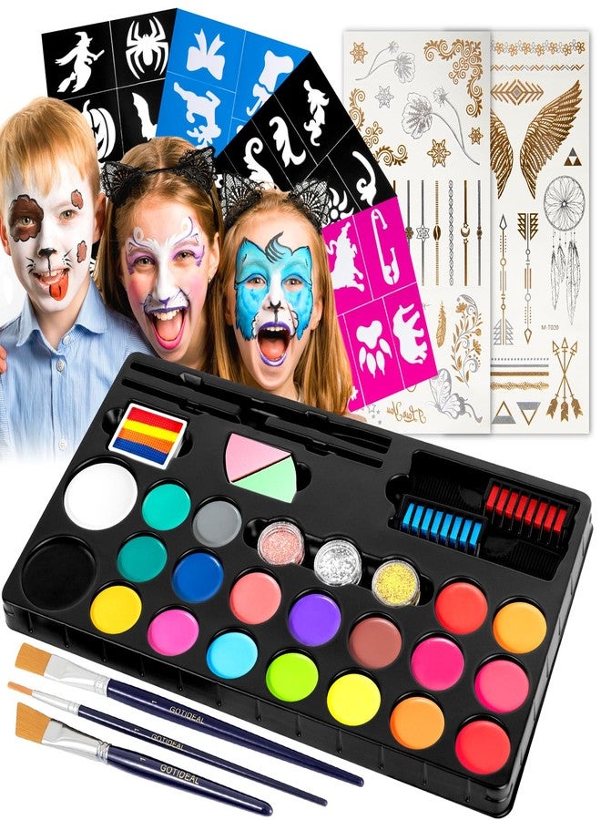GOTIDEAL Face Painting Kit for Kids-20 Colors Water Activated Skin Face Paint Palette with Brushes,Stencils,Stickers,Glitter|Professional Facepaint Makeup kit for Halloween,Cosplay,Parties - Image 1