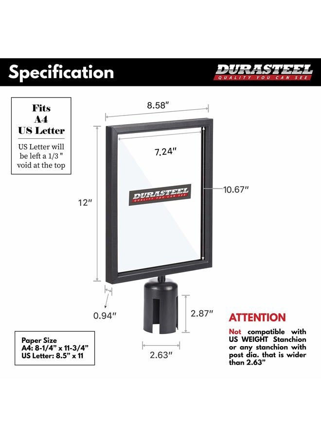 DuraSteel Stanchion Sign Holder - Portrait Display for 8.5" x 11" Paper Size - Double Sided Sign Frame with Plexiglass Cover,Black - Image 4