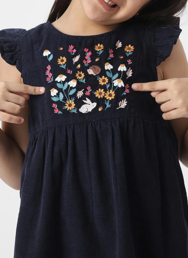 Nautinati Nautinati Girls' Floral Embroidered Corduroy Dress with Flutter Sleeves
