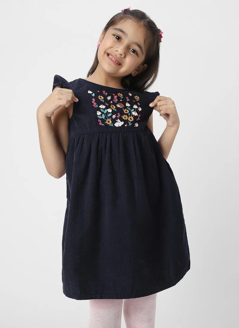 Nautinati Nautinati Girls' Floral Embroidered Corduroy Dress with Flutter Sleeves